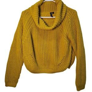 Moon and Madison Mustard Cowl Neck Cropped Open Knit Sweater Small Oversized